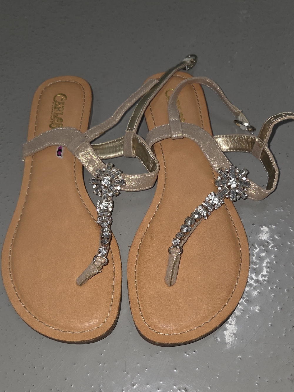 Carlos by Carlos Santana Beige T-Strap Sandals with Crystal Accents